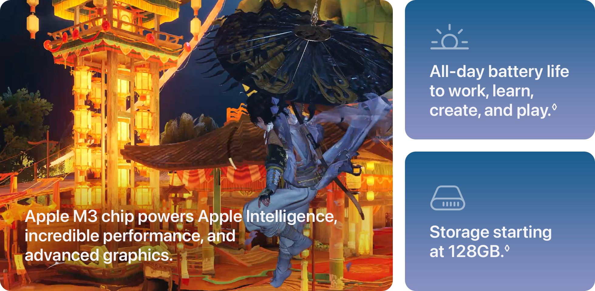 Apple M3 chip powers Apple Intelligence, incredible performance, and advanced graphics.
