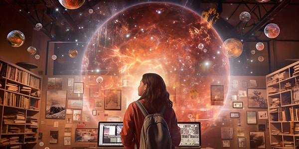 Student with backpack standing in library gazing at large cosmic nebula and planetary display