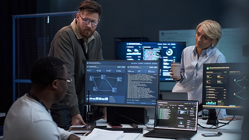 Three individuals are gathered around a computer screen, engaged in discussion and analyzing the displayed content.