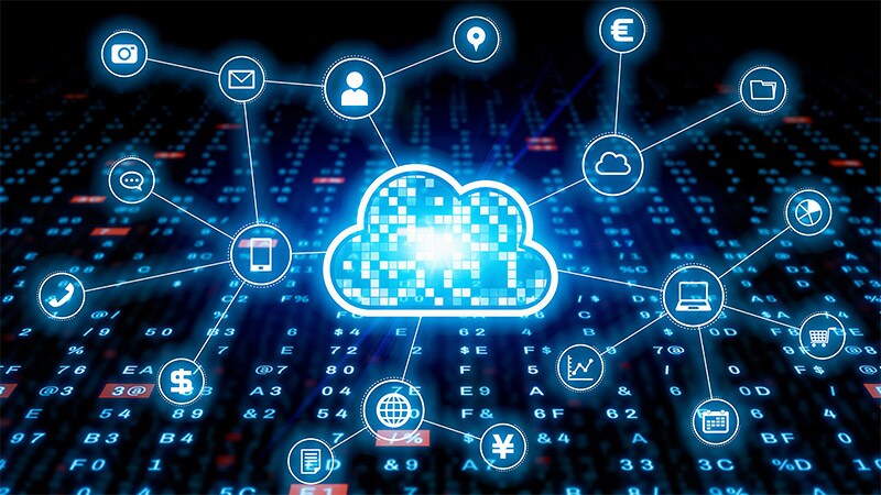 Grpahic representing cloud network with a dark background