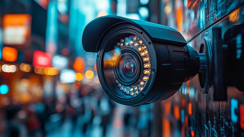 Close-up of a black security camera with an illuminated lens, mounted on a wall against a blurred, colorful urban background.