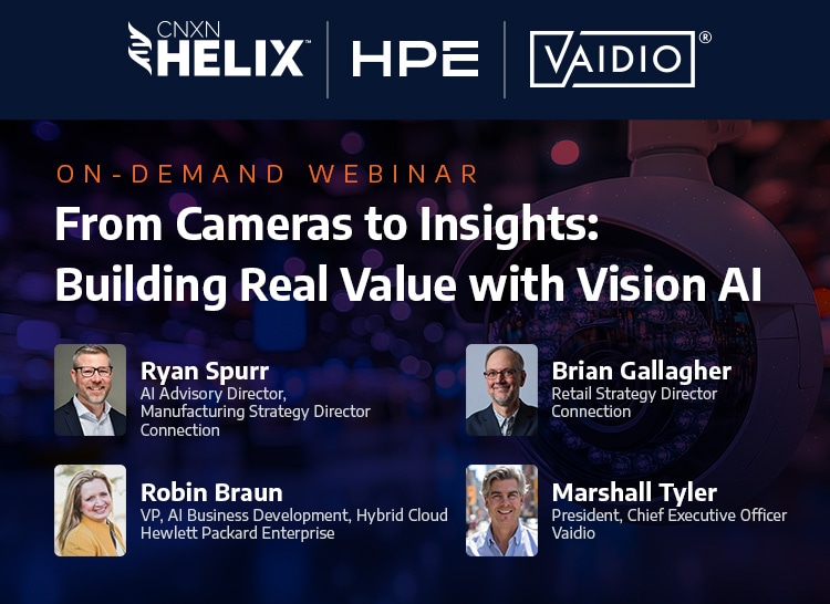 Webinar advertisement featuring the title "From Cameras to Insights: Building Real Value with Vision AI," along with portraits and names of four speakers from various companies.